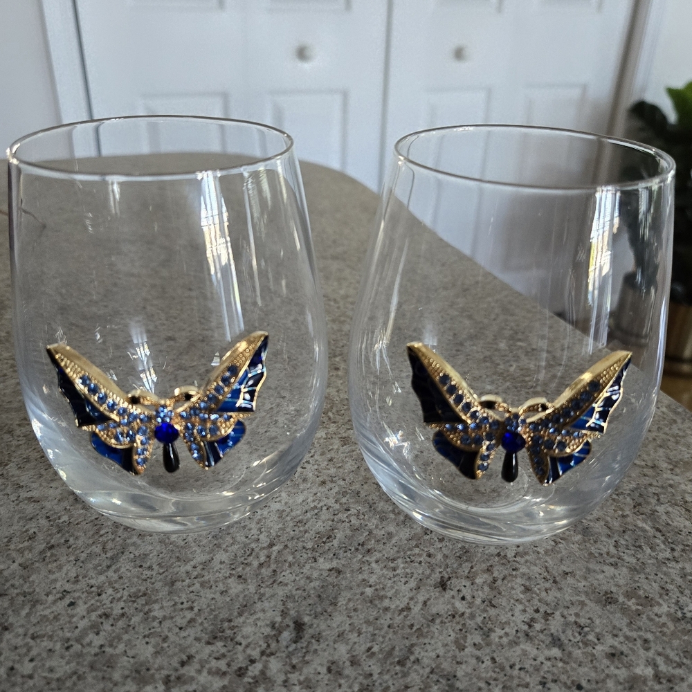 Rachel Zoe Set Of 2 Jeweled Butterfly Stemless Wine Glasses NWOT